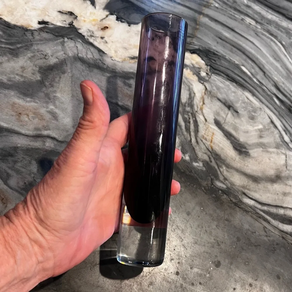 Hand Blown Polish Amethyst Purple Cylinder Vase Clear Bottom 8 1/2”